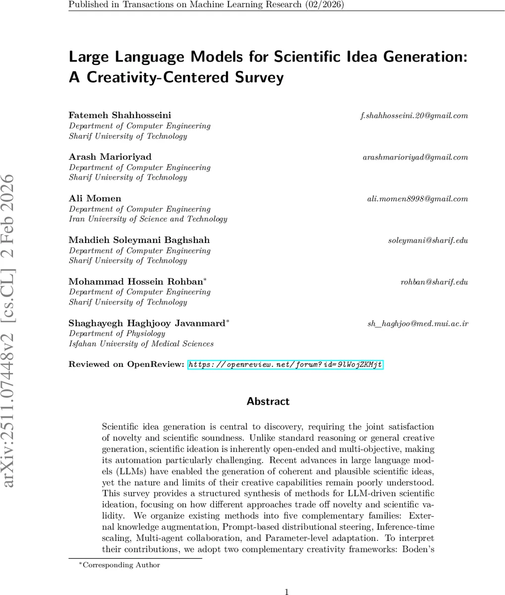 LLM 기반 과학적 아이디어 창출: 창의성 중심 설문조사