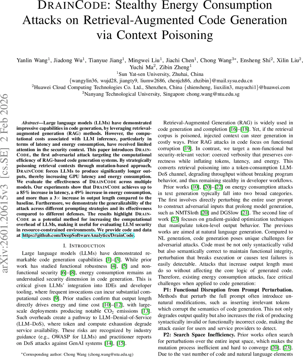 코드 생성 모델의 에너지 소모를 노린 은밀한 공격 DrainCode