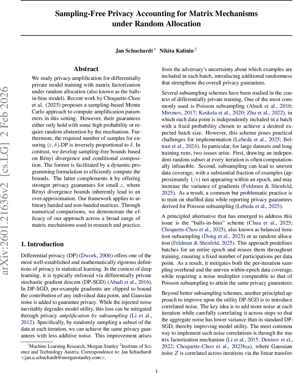 샘플링 없는 프라이버시 회계 행렬 메커니즘 무작위 할당