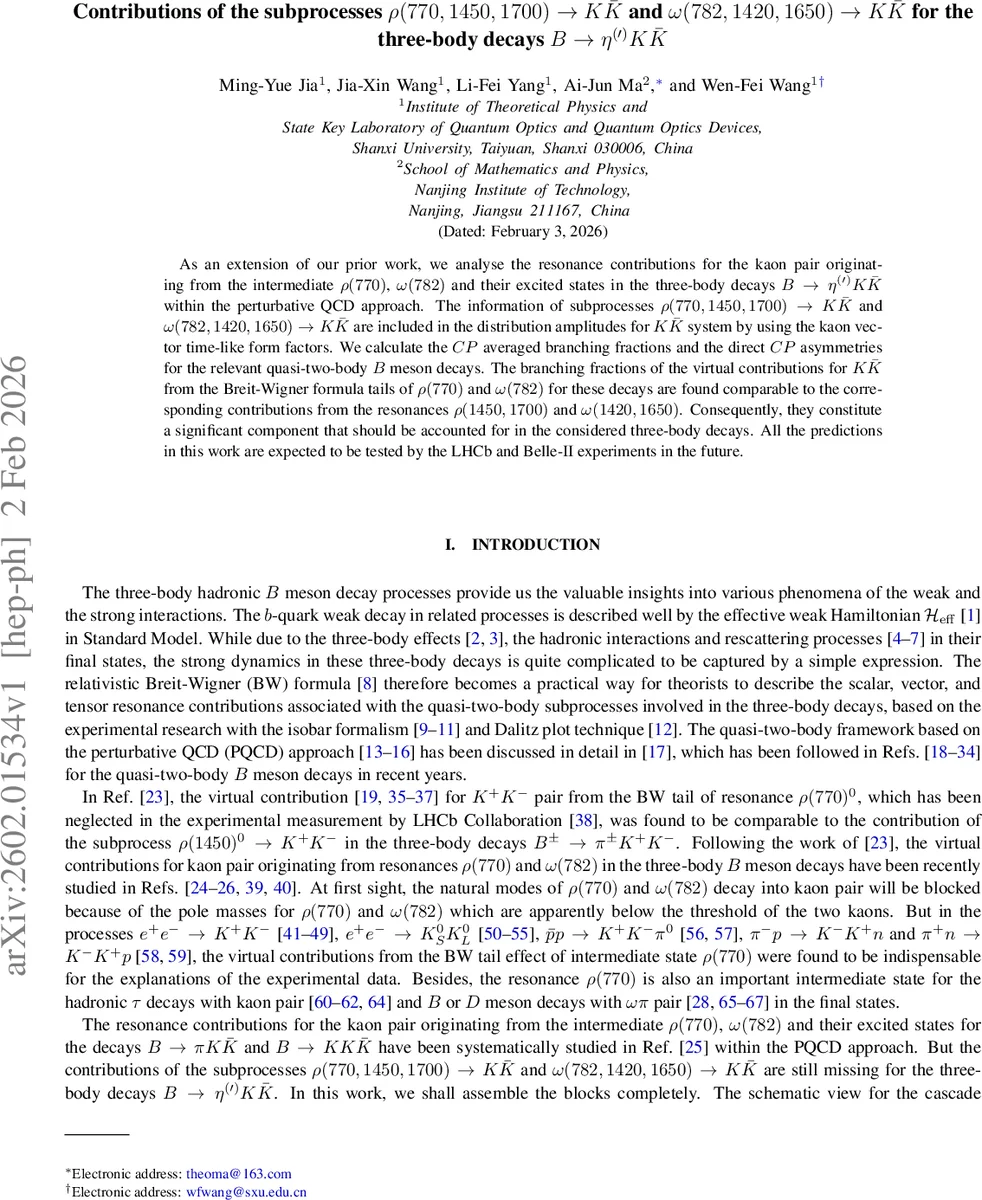 B 중간공명 ρ·ω의 가상 기여가 η(′)K K 삼체 붕괴에 미치는 영향