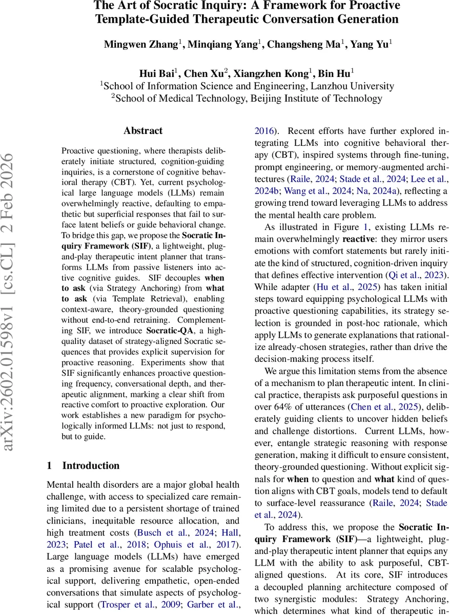 심리치료 LLM을 위한 소크라테스식 질문 프레임워크: SIF와 Socratic‑QA