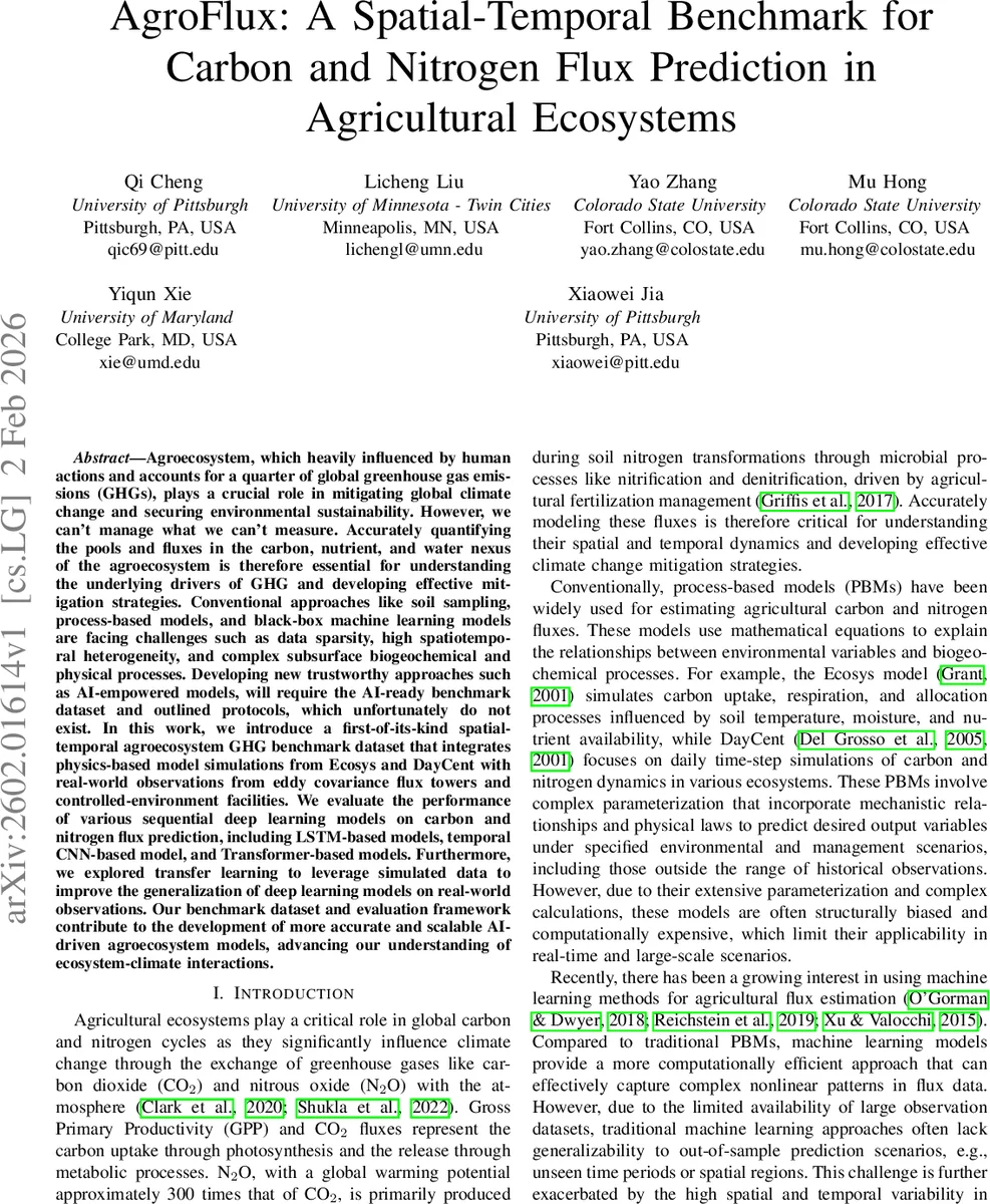 아그로플럭스: 농업 생태계 탄소·질소 플럭스 예측을 위한 시공간 벤치마크