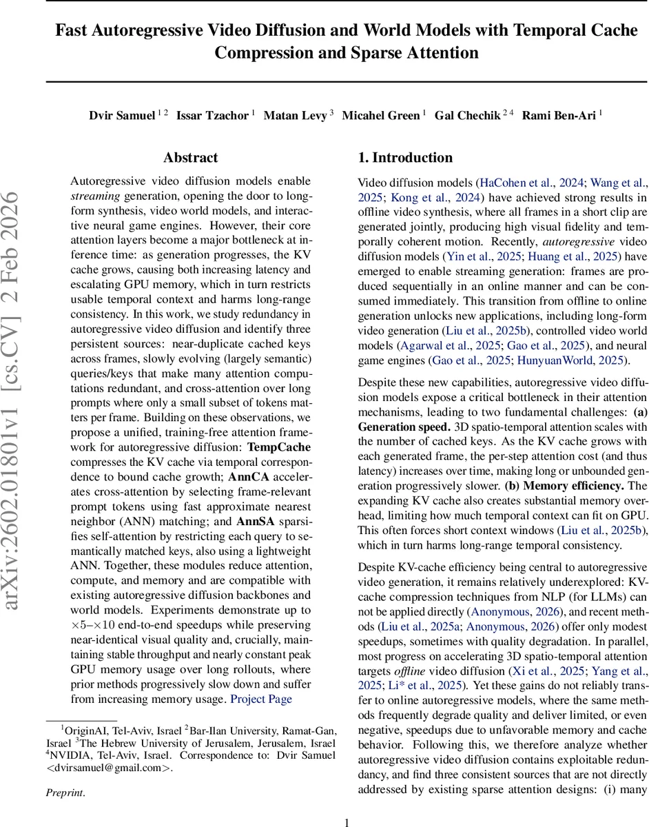 자동회귀 비디오 확산을 위한 시간 캐시 압축·희소 어텐션 혁신
