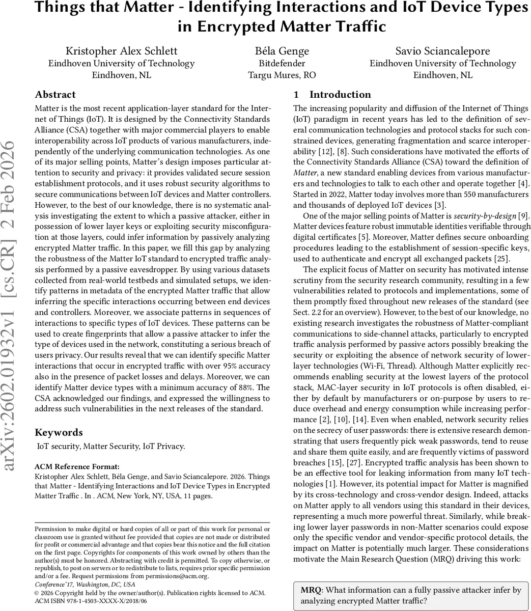 암호화된 Matter 트래픽에서 드러나는 상호작용과 디바이스 유형