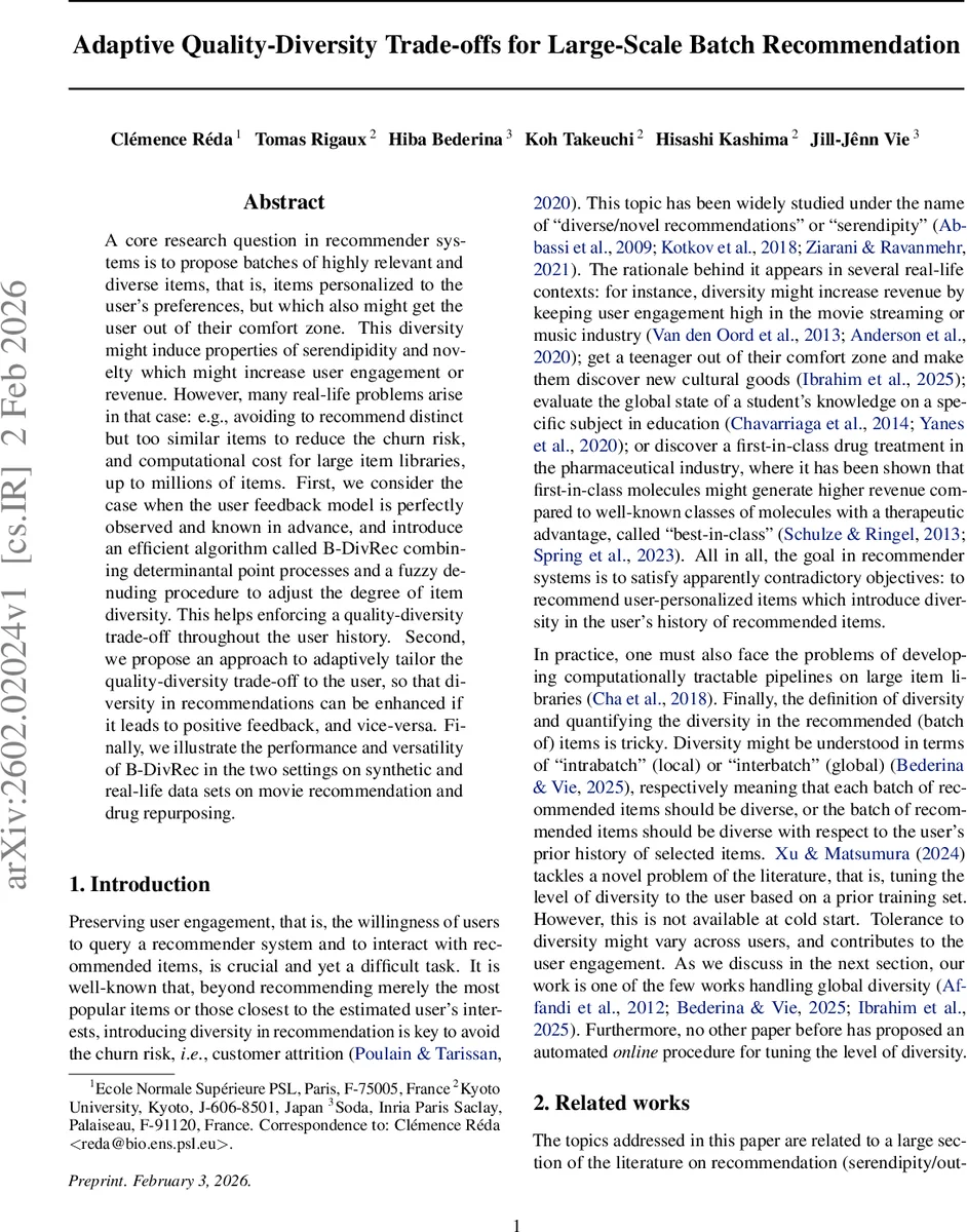 대규모 배치 추천을 위한 적응형 품질다양성 균형