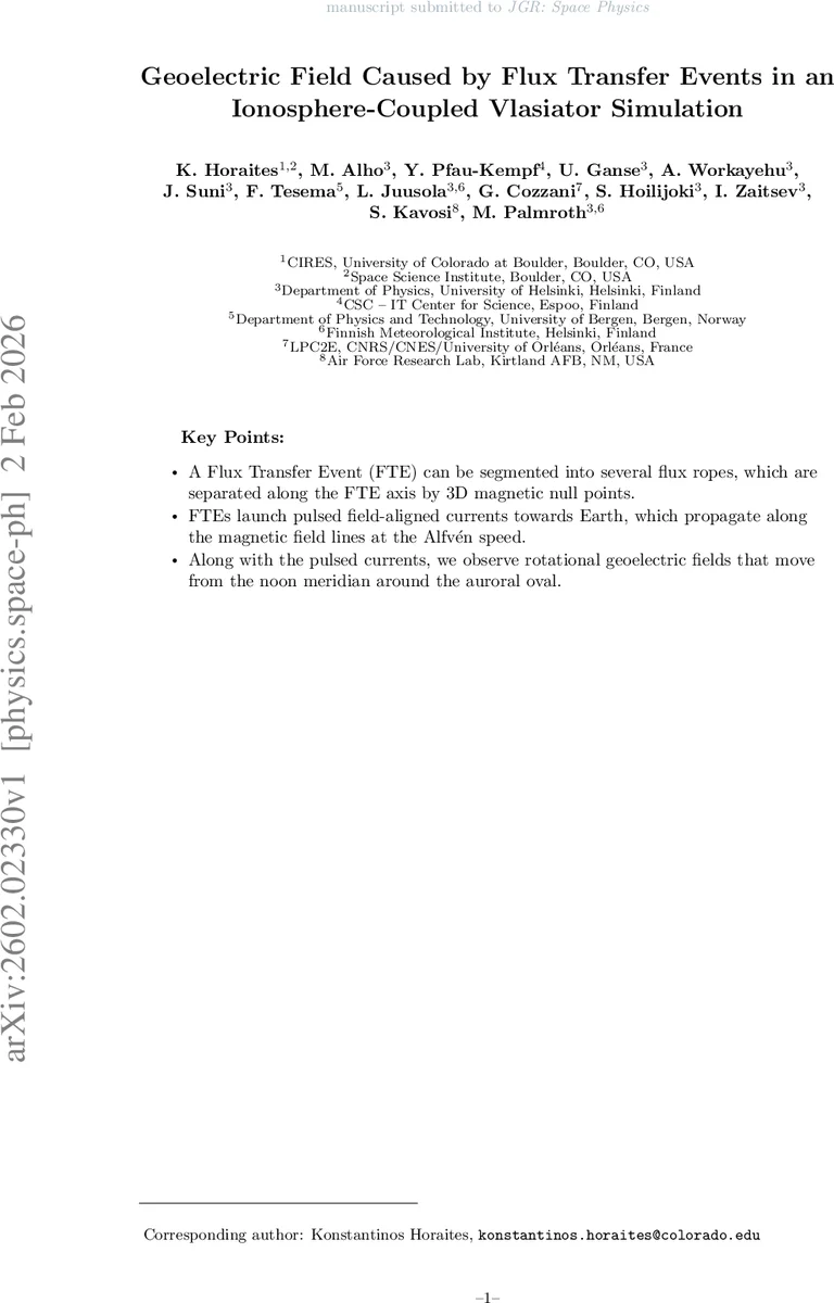 플럭스 전이 사건이 유발하는 지전기장: Vlasiator 시뮬레이션을 통한 이온권 결합 연구