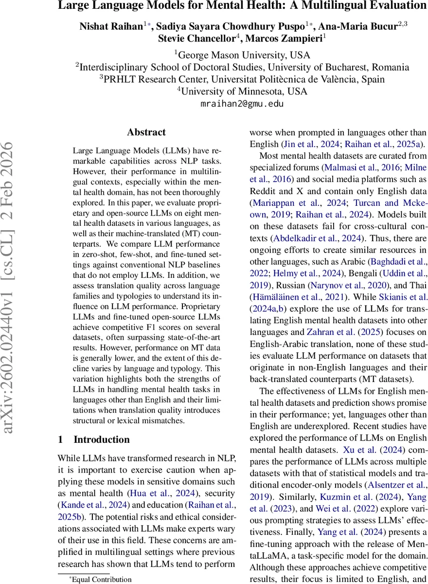 다국어 정신건강 탐지를 위한 대형 언어 모델 평가