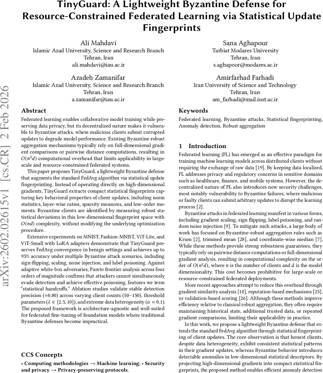 경량형 연합학습을 위한 통계적 업데이트 지문 기반 비잔틴 방어