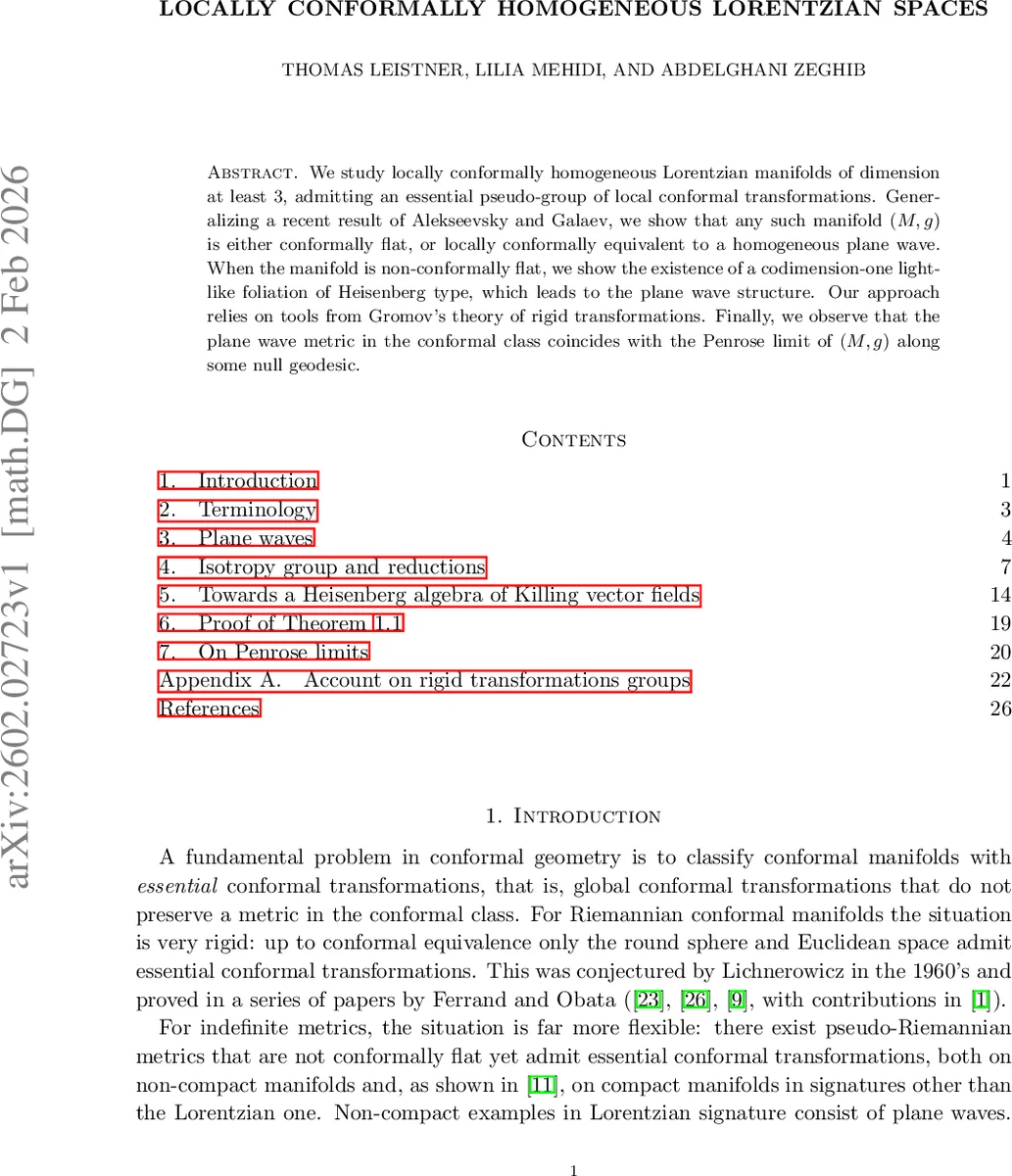 지역 등각 동질 로렌츠 공간의 평면파 구조와 펜로즈 극한