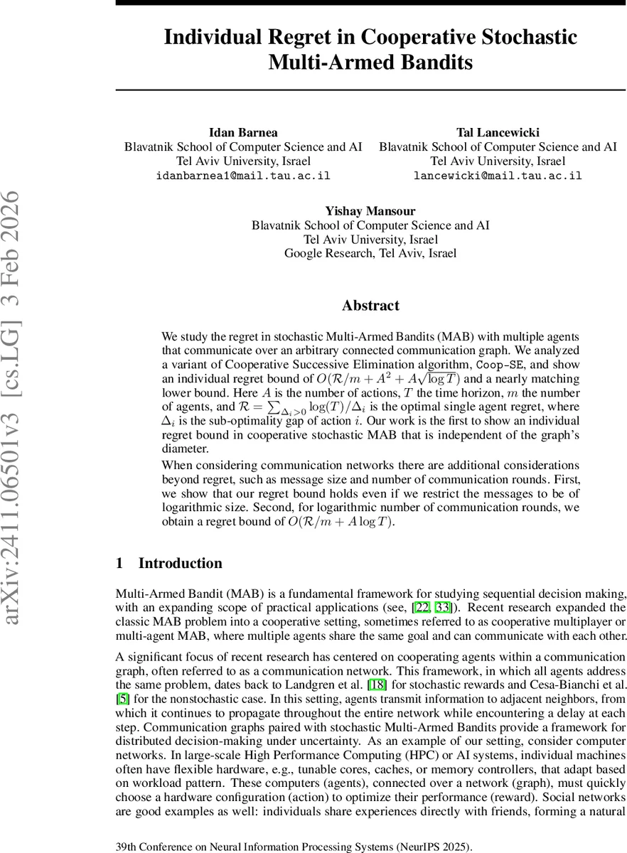협력 다중무장 밴딧에서 개인별 후회와 그래프 직경 독립성