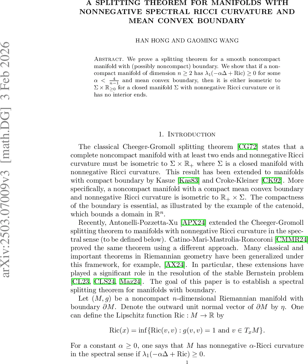스펙트럴 비음 Ricci와 평균볼록 경계가 있는 비컴팩트 다양체의 분할 정리