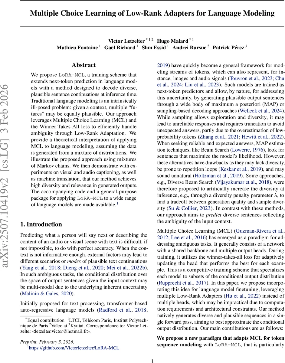 다양성을 품은 저차원 어댑터: LoRA‑MCL로 언어 모델의 다중 선택 학습