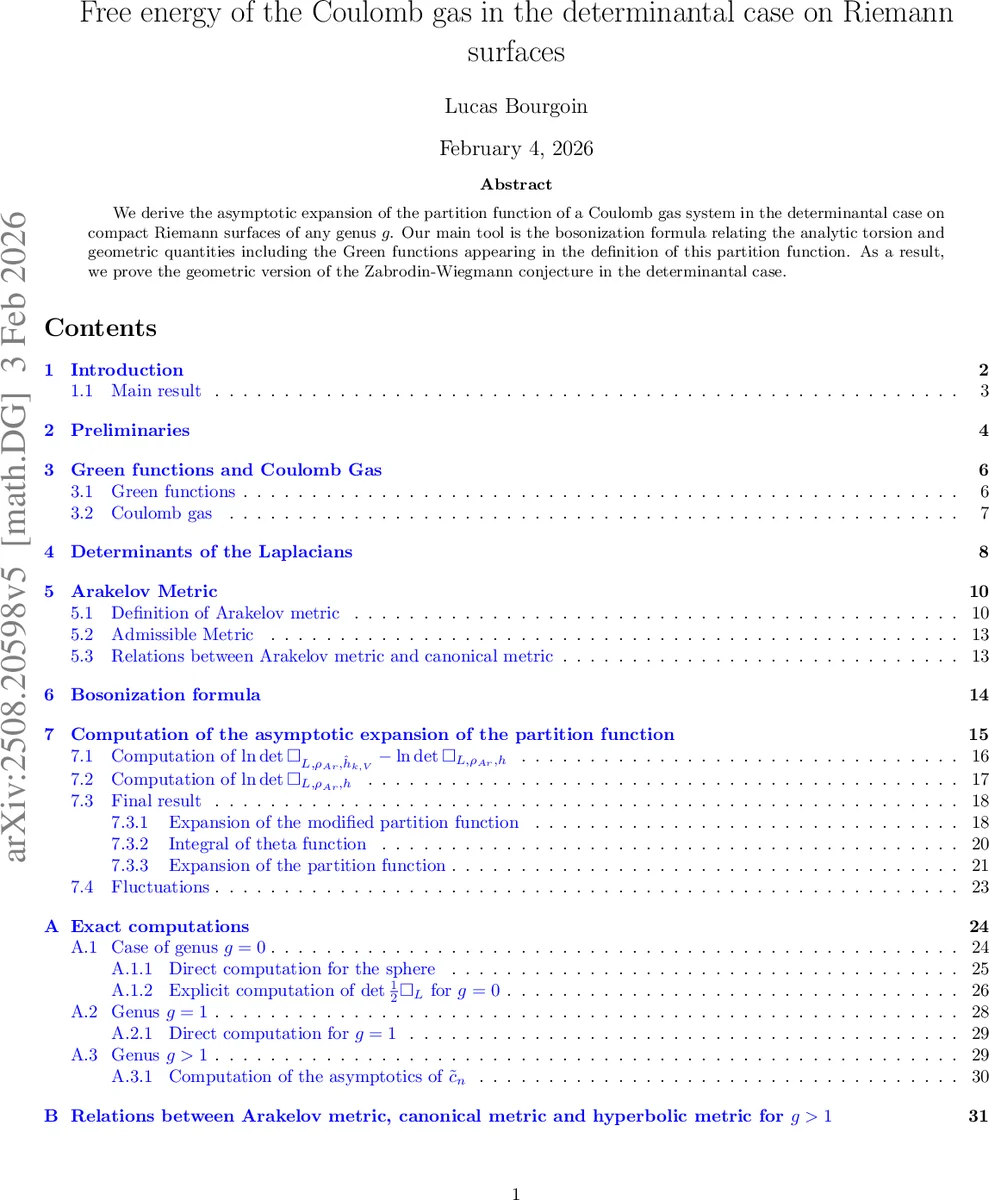 리만곡면에서 결정론적 쿠론 가스 자유 에너지의 대수적 전개