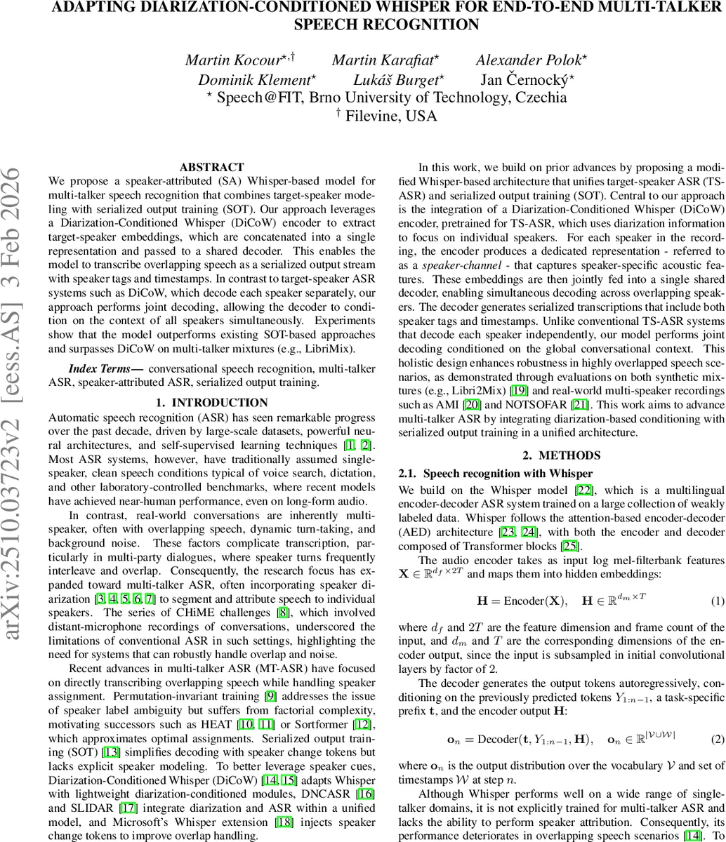 다중화자 음성인식을 위한 DiCoW 기반 Whisper 통합 모델