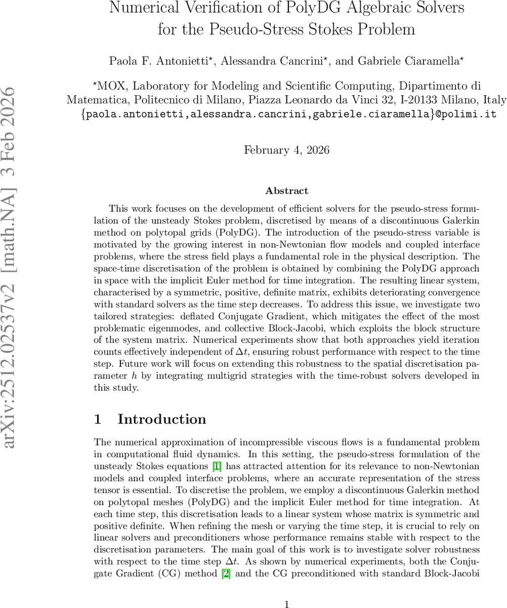 시간 스텝에 강인한 PolyDG 의사응력 스토크스 해법 검증