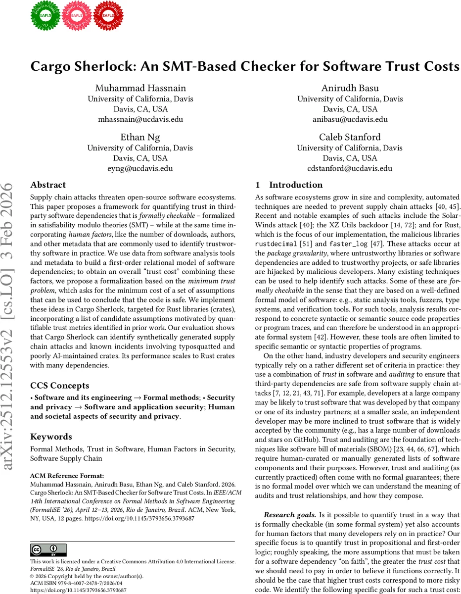 소프트웨어 신뢰 비용을 검증하는 SMT 기반 카고 셜록