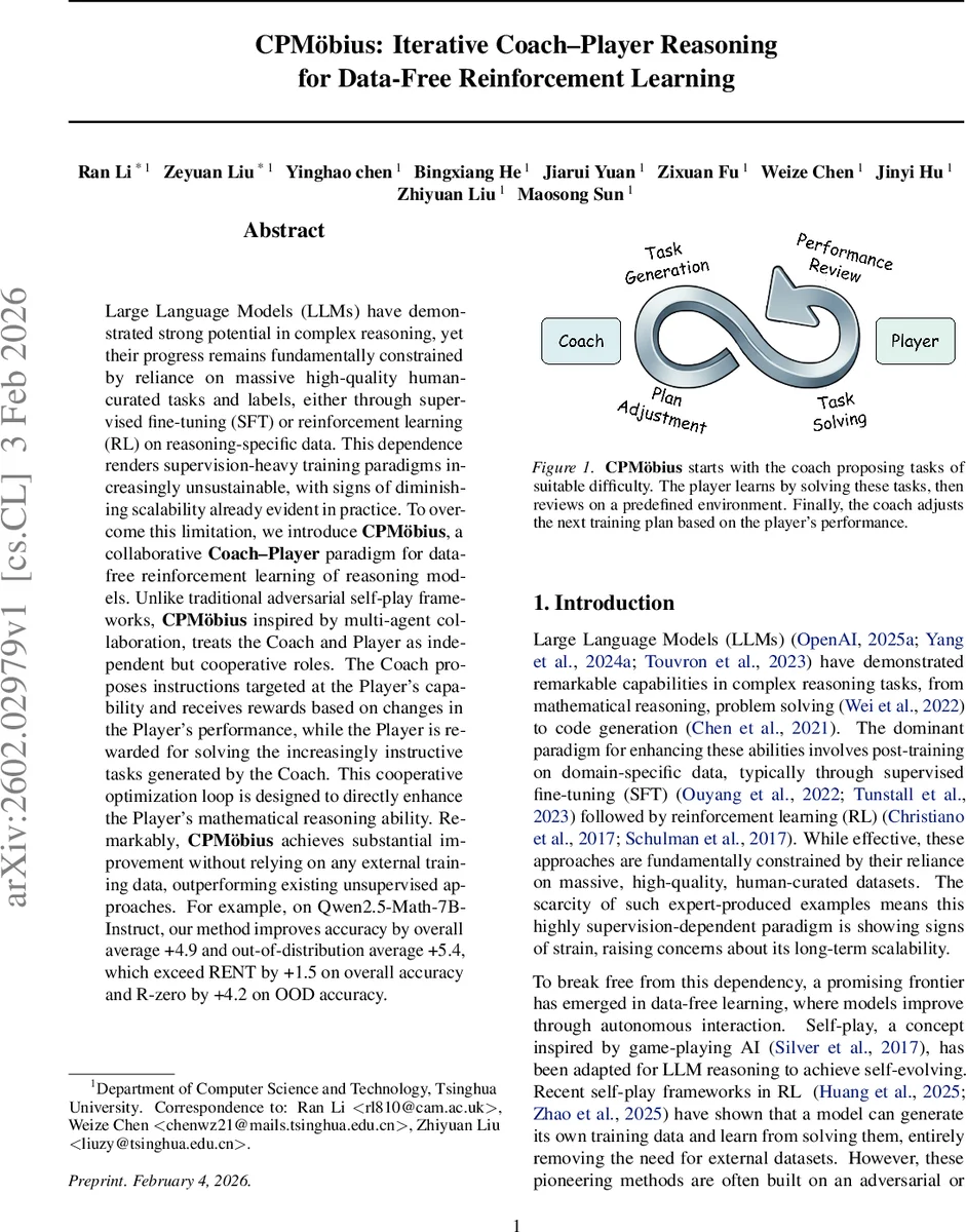 협력형 코치 플레이어 강화학습으로 데이터프리 수학 추론 향상