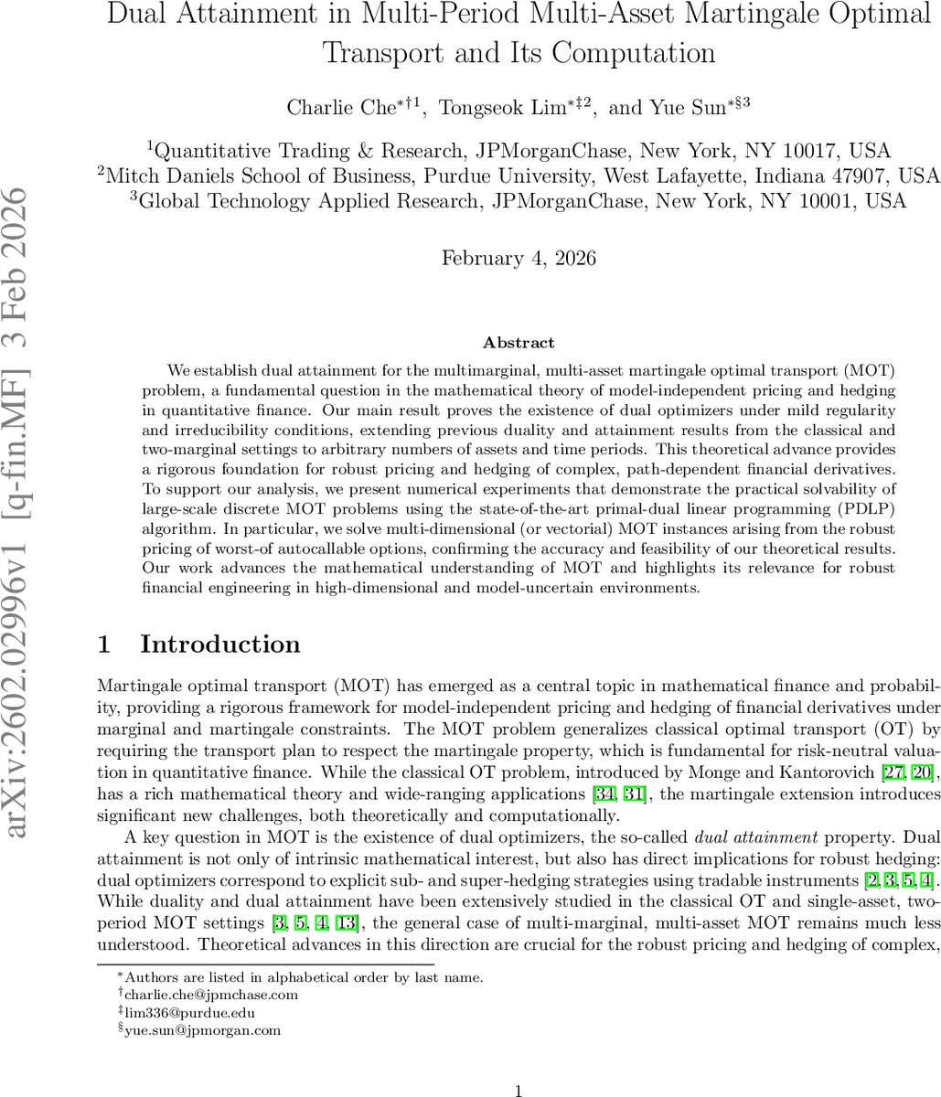 다중기간 다자산 마팅게일 최적 수송의 이중 최적화 존재성 및 계산