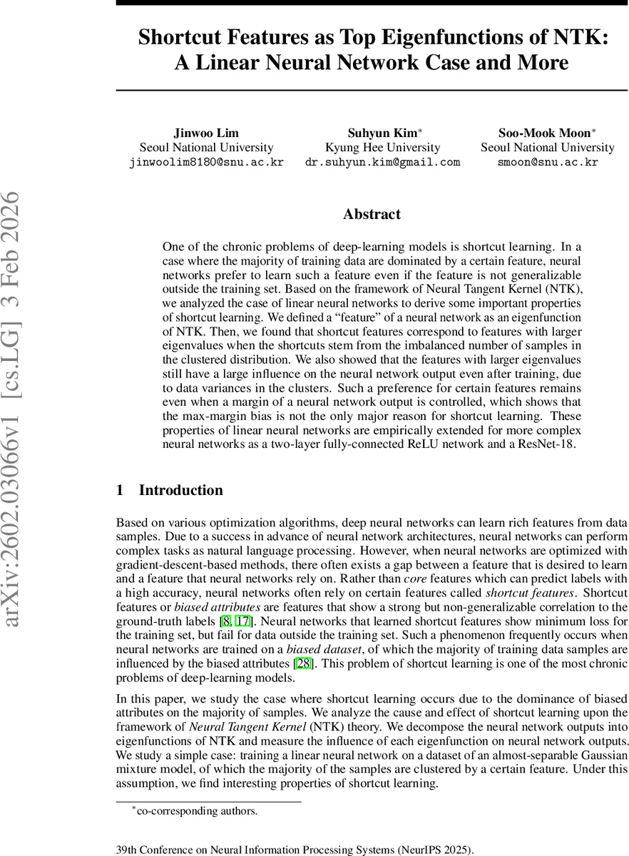 NTK의 최상위 고유함수로 보는 지름길 특징: 선형 신경망 사례와 확장