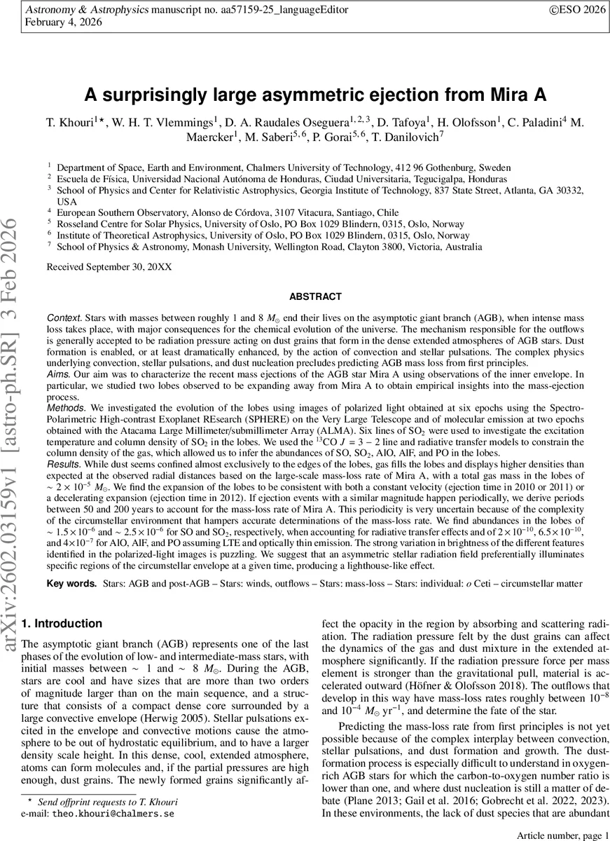 미라 A의 거대한 비대칭 물질 방출, 새로운 빛과 가스의 춤