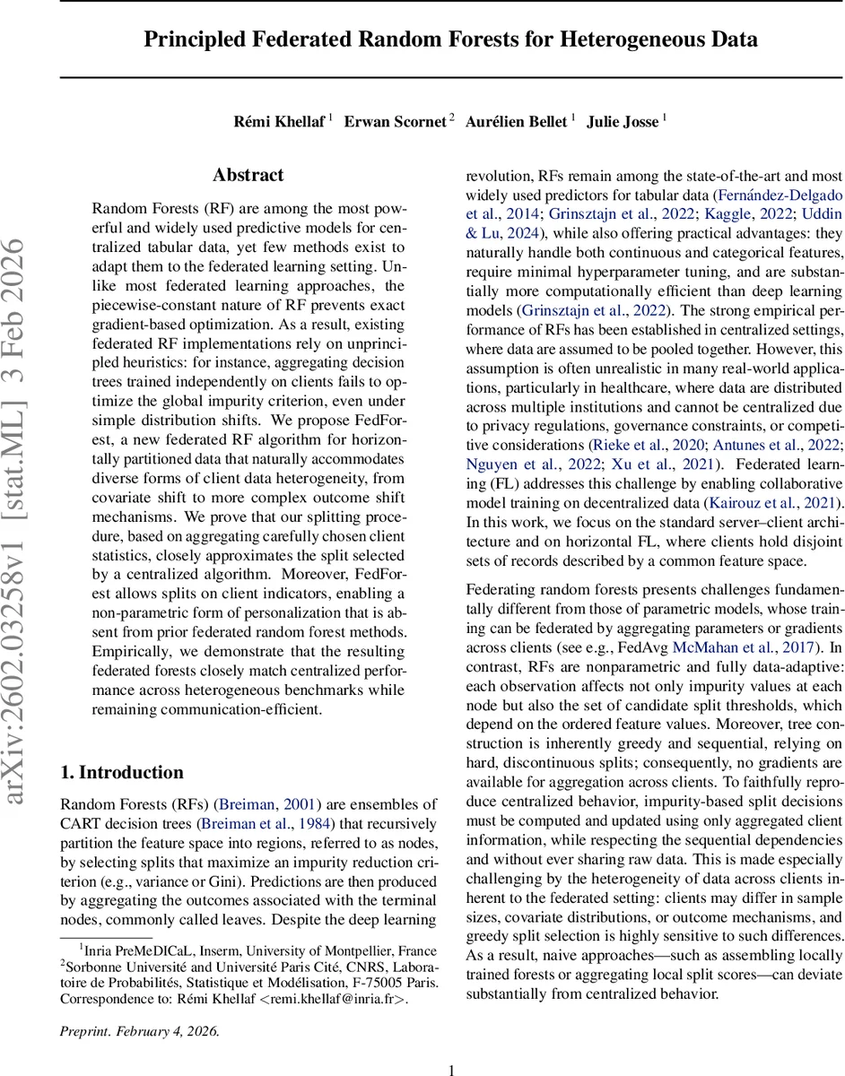 연합 환경에서 이질적 데이터를 위한 원칙 기반 랜덤 포레스트