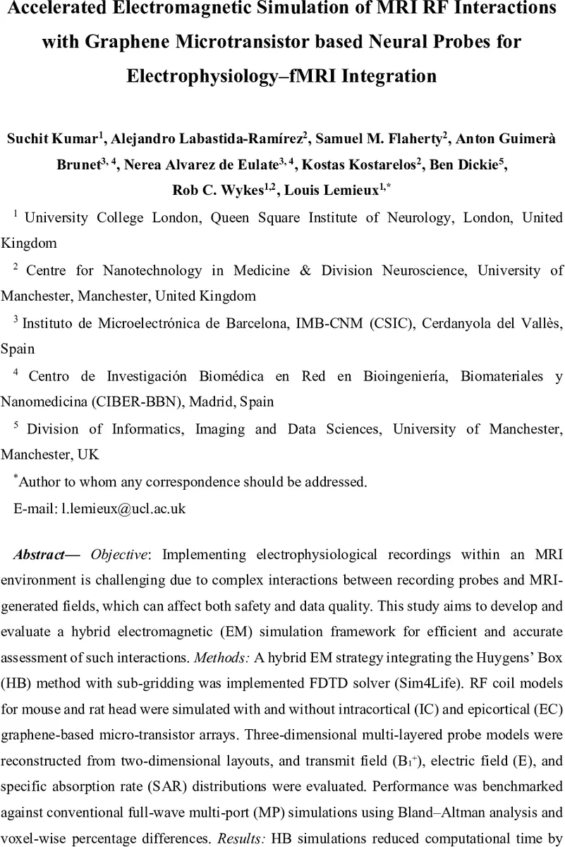 MRI RF와 그래핀 마이크로트랜지스터 신경 프로브 상호작용의 가속 전자기 시뮬레이션