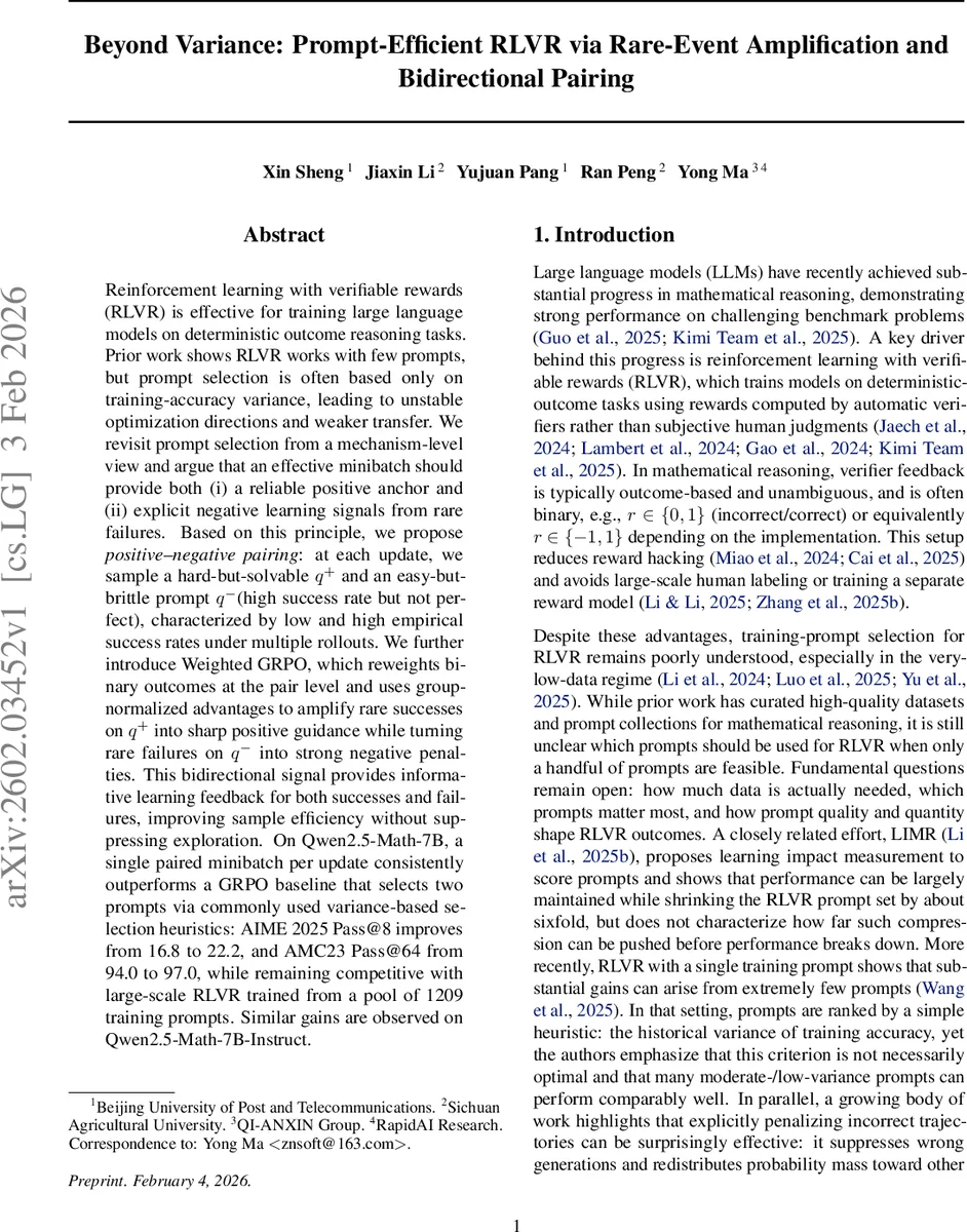 분산을 넘어 희귀 사건 증폭과 양방향 페어링을 통한 프롬프트 효율적 RLVR