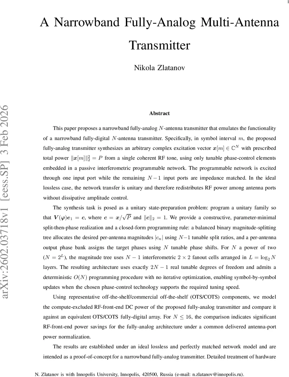 완전 아날로그 기반 협대역 다중 안테나 송신기 설계와 효율 분석