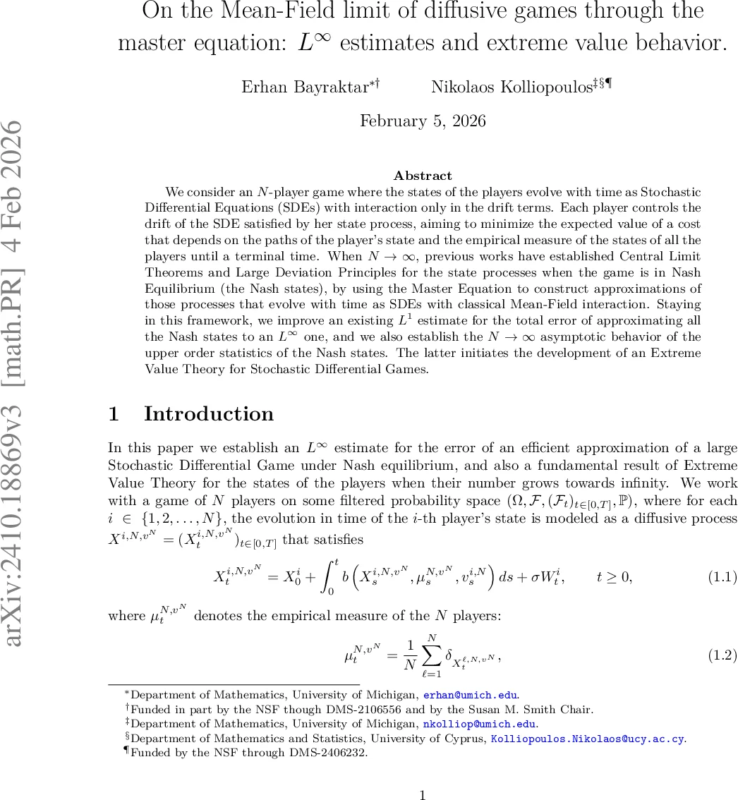극한값 이론을 통한 대규모 확산 게임의 평균장 한계와 L∞ 오차 추정