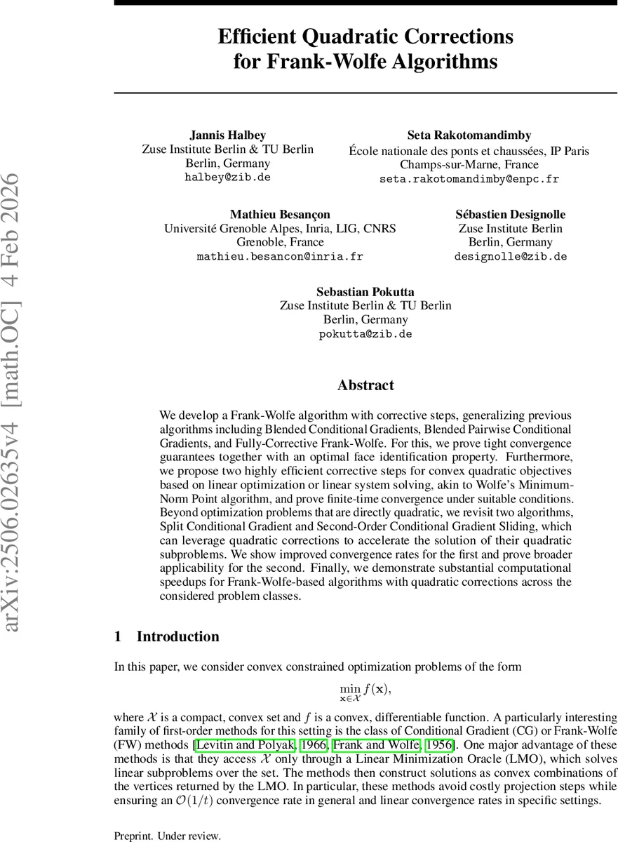프랭크 울프 알고리즘을 위한 효율적인 2차 보정 기법