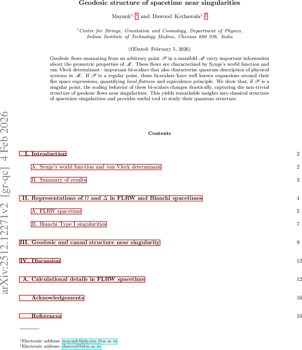 특이점 근처 시공간의 측지 구조와 양자 지표
