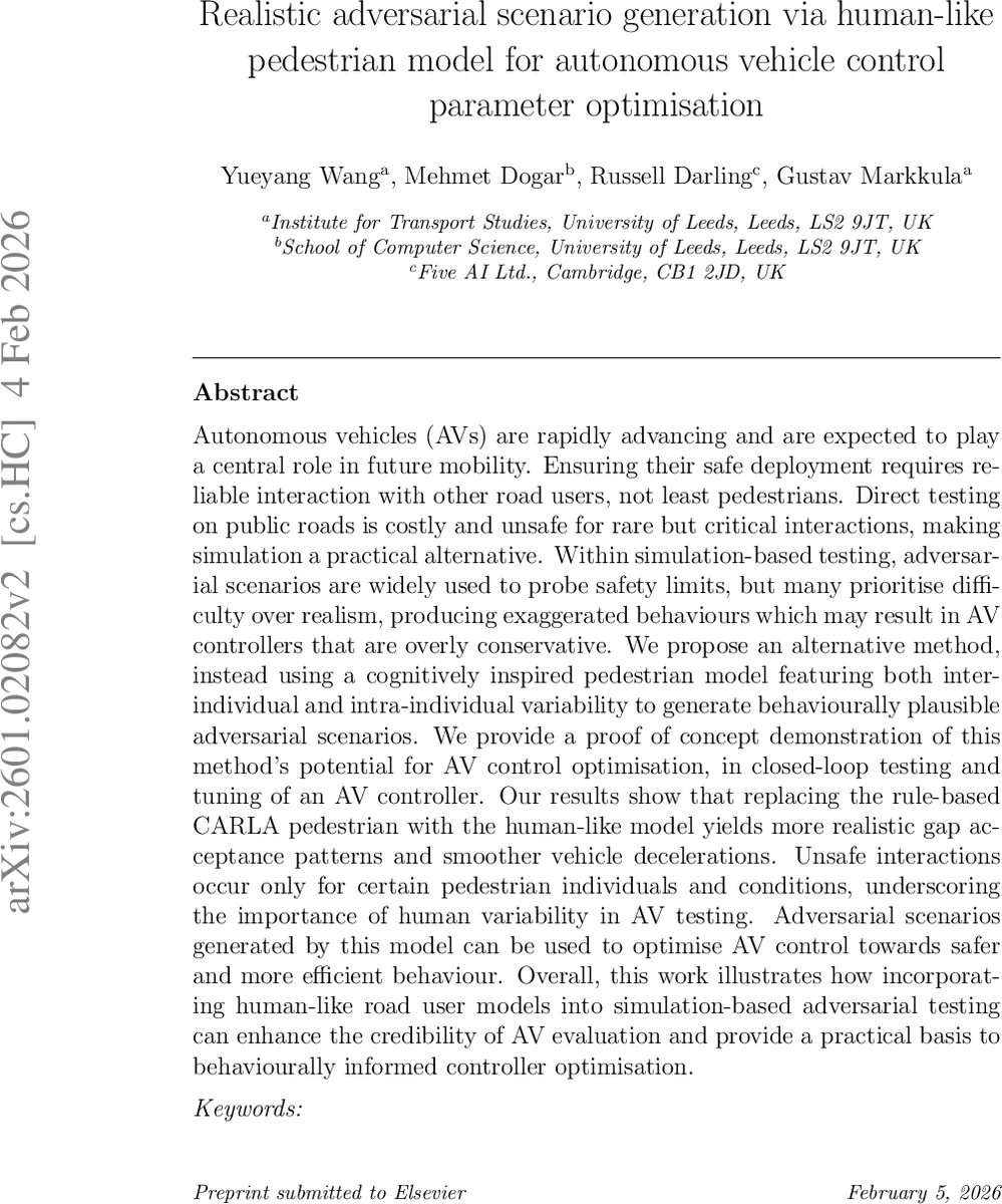 현실감 있는 보행자 모델을 활용한 적대적 시나리오 생성 및 자율주행 제어 파라미터 최적화