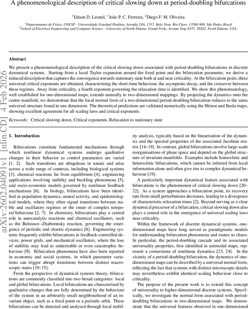 주기배가 분기에서의 임계 감속 현상과 보편적 지수에 대한 현상론적 접근