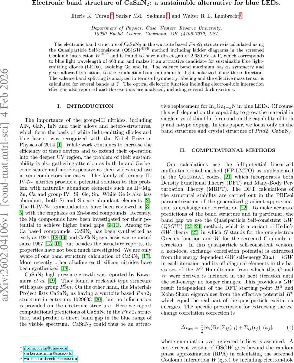 청색 LED를 위한 지속 가능한 신물질 CaSnN₂의 전자구조 탐구