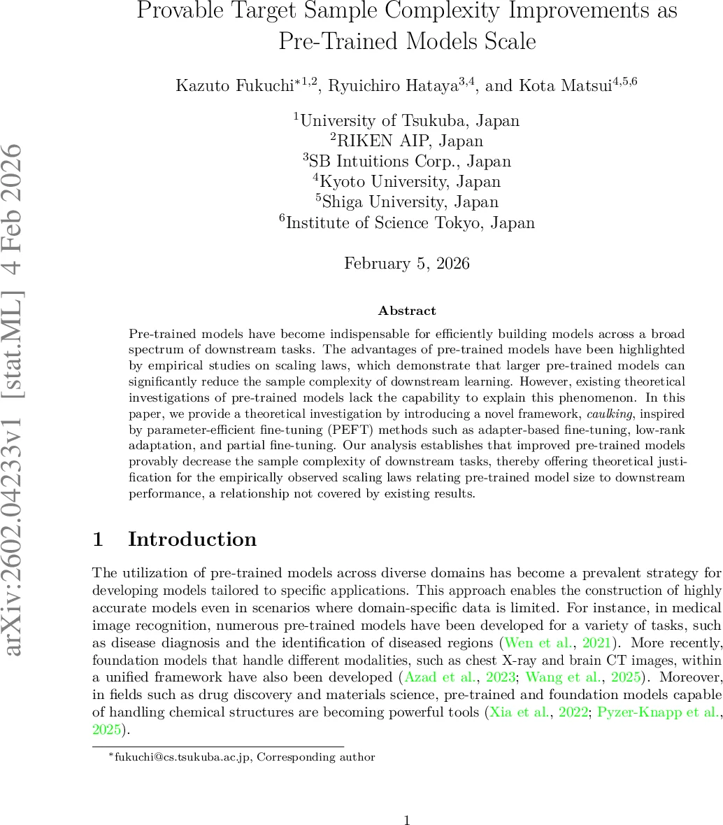 프리트레인 모델 규모가 커질수록 목표 샘플 복잡도가 감소한다는 이론적 증명