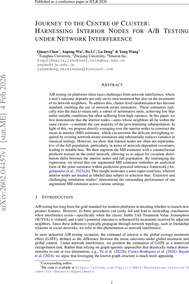 클러스터 내부 노드 활용 A/B 테스트: 네트워크 간섭 극복을 위한 새로운 추정기