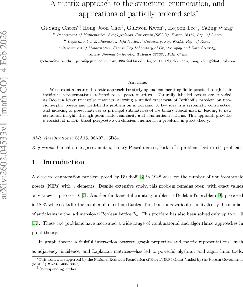 부분 순서집합의 구조와 열거를 위한 행렬 접근법