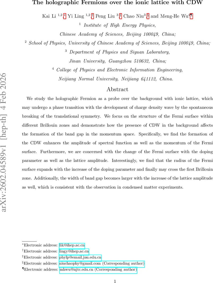 이온 격자와 전하밀도파가 결합된 배경에서의 홀로그래픽 페르미온 연구