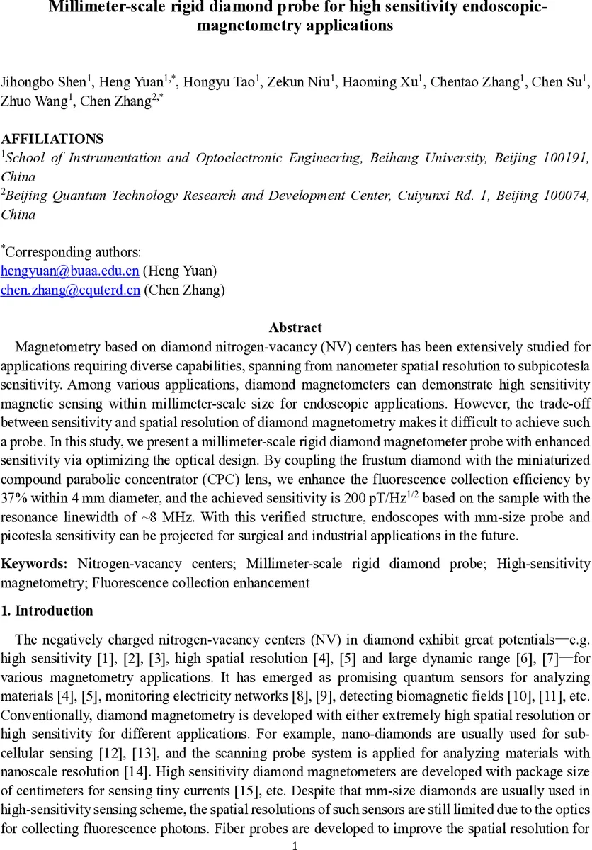 밀리미터급 강체 다이아몬드 탐침, 고감도 내시경 마그네토미터 구현