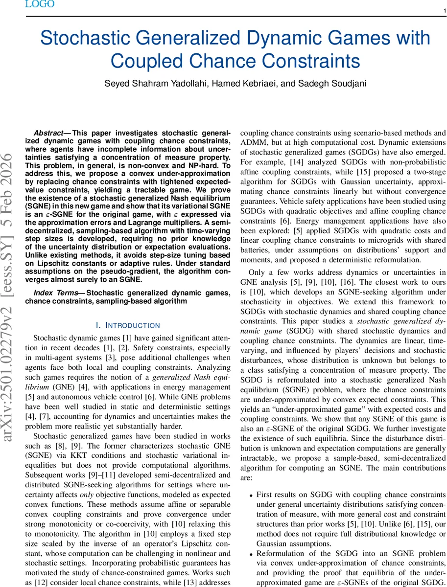확률적 일반화 동적 게임의 결합 확률 제약에 대한 볼록 근사와 샘플링 기반 알고리즘