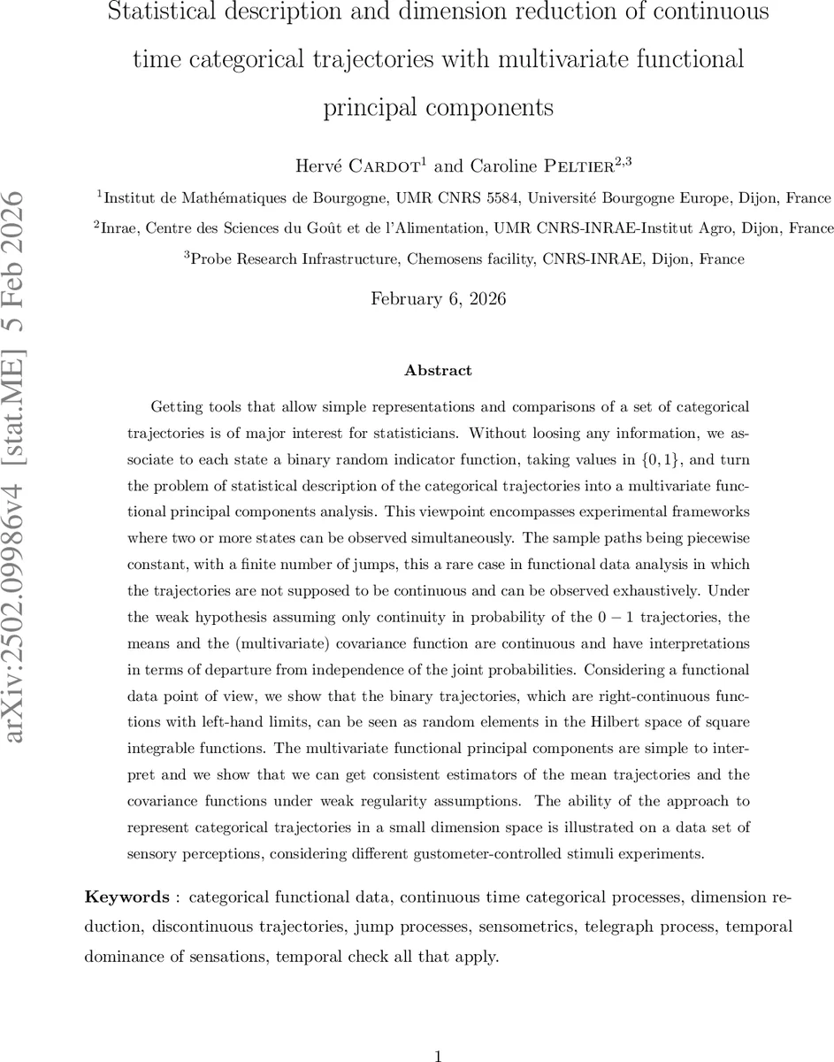 연속시간 범주형 궤적의 다변량 함수주성분 분석과 차원축소