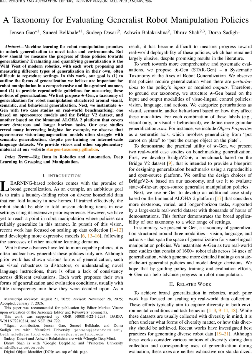 일반화 로봇 조작 정책 평가를 위한 체계적 분류