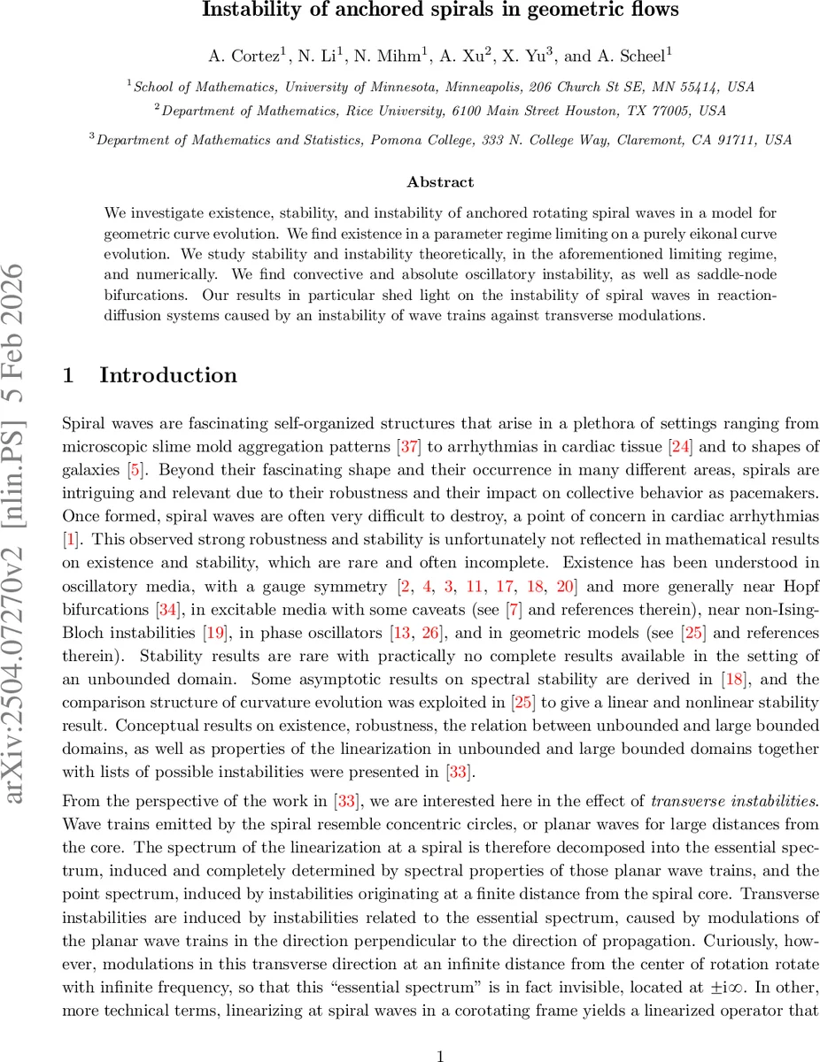 기하학적 흐름에서 고정 나선의 존재와 불안정성