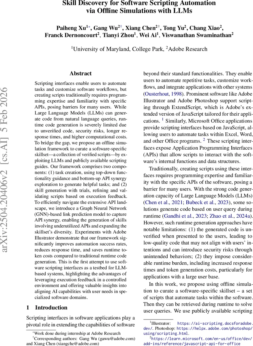 오프라인 시뮬레이션으로 LLM 기반 소프트웨어 스크립트 자동화 스킬을 발견하다