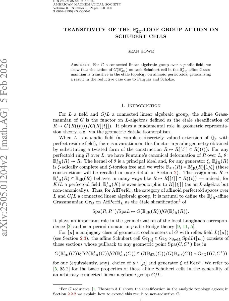 B플러스 dR 루프군의 Schubert 셀 작용 전이성