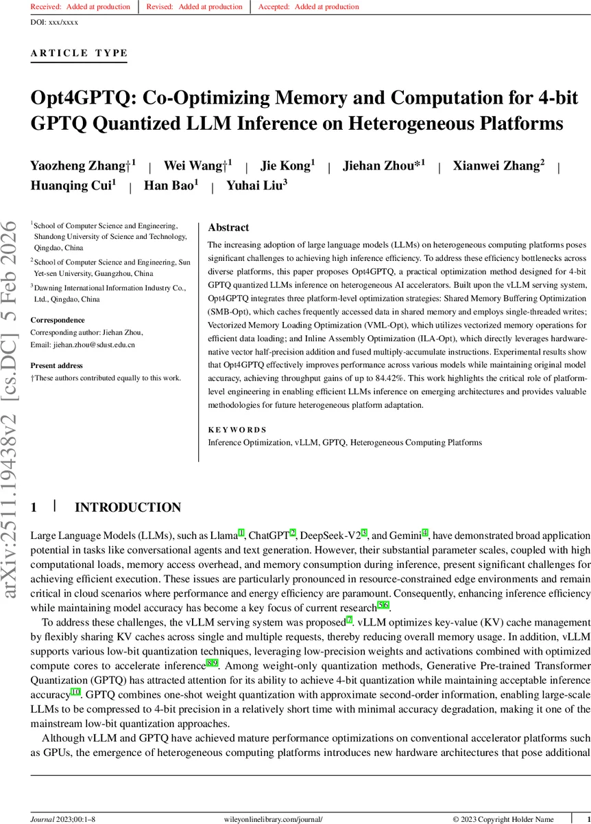 이기종 AI 가속기용 4비트 GPTQ 양자화 LLM 추론 최적화: Opt4GPTQ