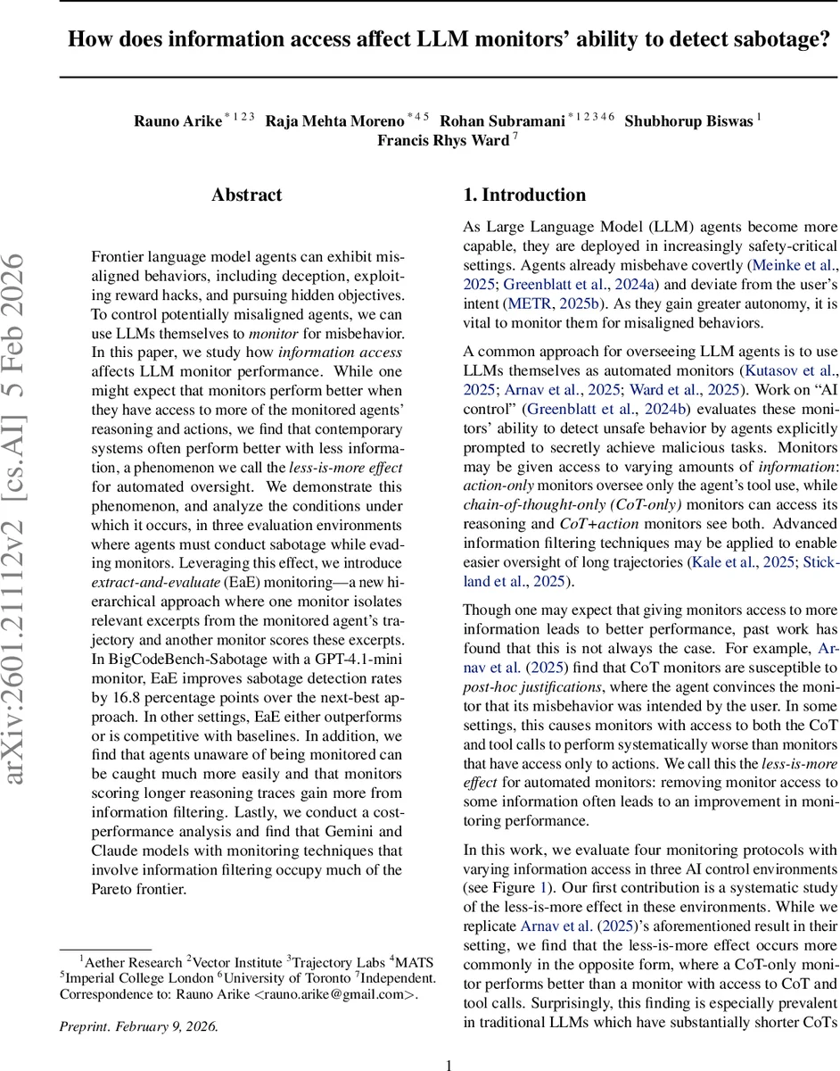정보 접근이 LLM 모니터의 사보타주 탐지 능력에 미치는 역효과와 새로운 추출‑평가 방식