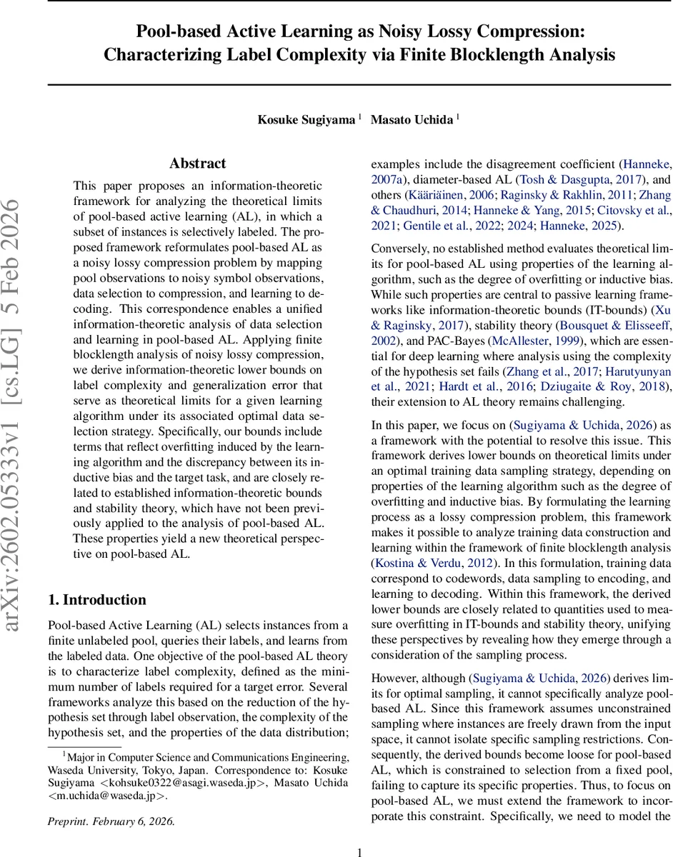 풀 기반 능동학습을 잡음 있는 손실 압축으로 바라본 라벨 복잡도 한계