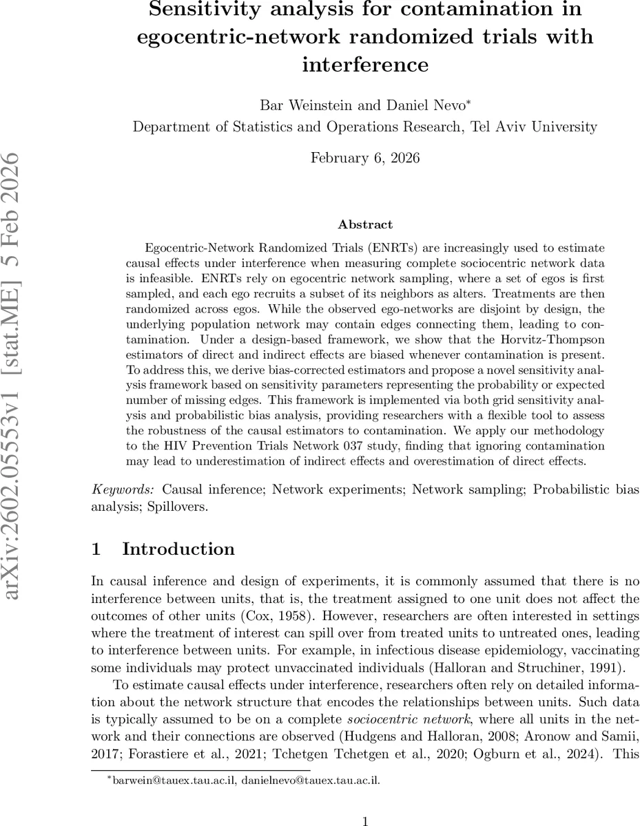 오이시 중심 네트워크 무작위 실험에서 오염 편향을 교정하는 민감도 분석