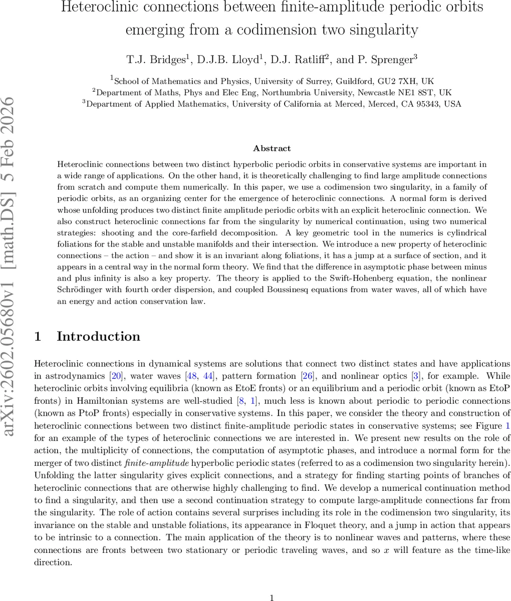 코도멘션 2 특이점에서 발생하는 유한 진폭 주기 궤도 사이의 헤테로클리닉 연결